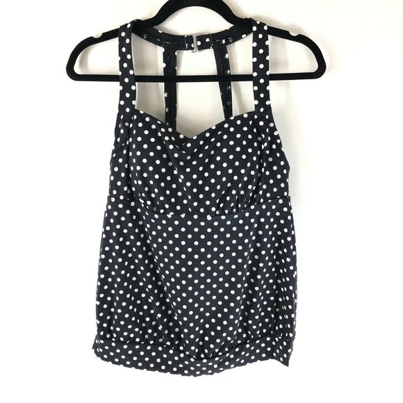 Lands End Tankini Top Molded Cups Gathered Hem Polka Dot Black White 10 DD - Picture 1 of 3